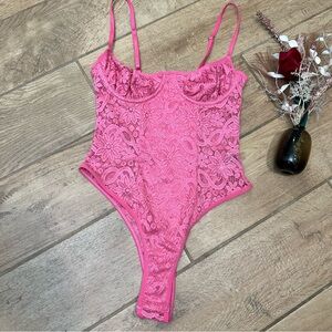 Shein pink Floral Lace Underwire Teddy Bodysuit xs